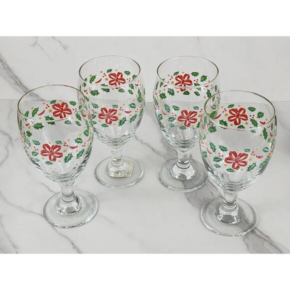 Libbey Christmas Holly and Ribbon Water Goblets 16oz Holiday 80s x4 Made in USA - Picture 2 of 12
